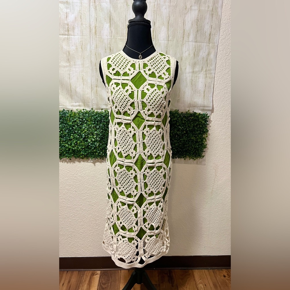 Tory Burch Crochet Overlay Midi Dress in Green and Cream
